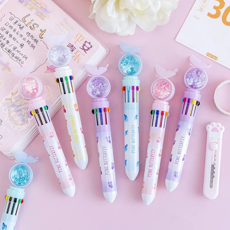 12 Pcs Wholesale Cartoon Butterfly Ballpoint Pens with 10 Colors Multi-functional Writing Supplies for School