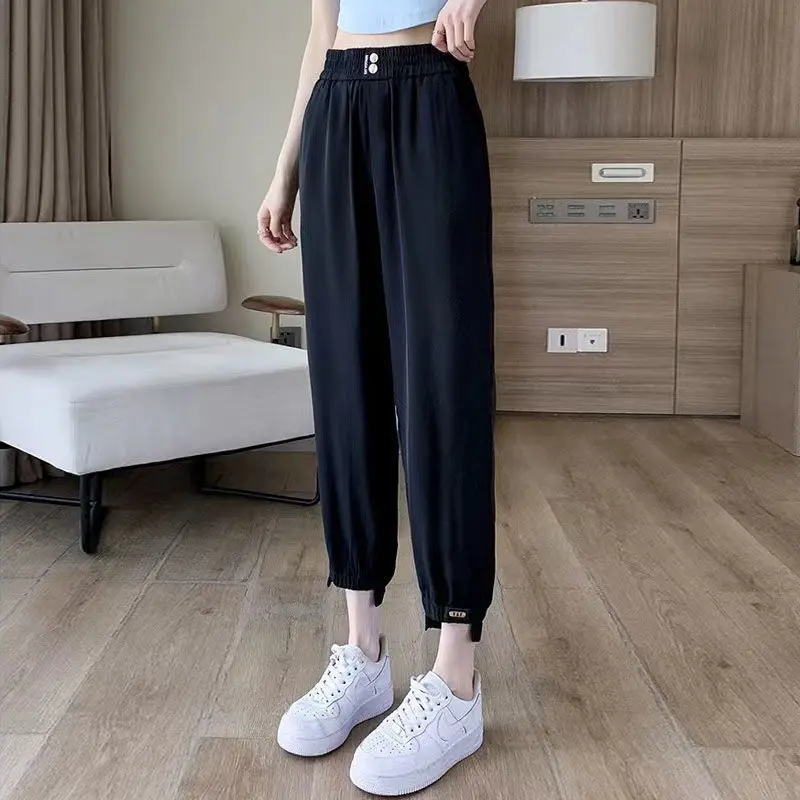 Women Summer Trendy Appliques Harajuku Streetwear Harem Pants Ice Silk High Waist Straight Cropped Trousers Pantalones De Mujer