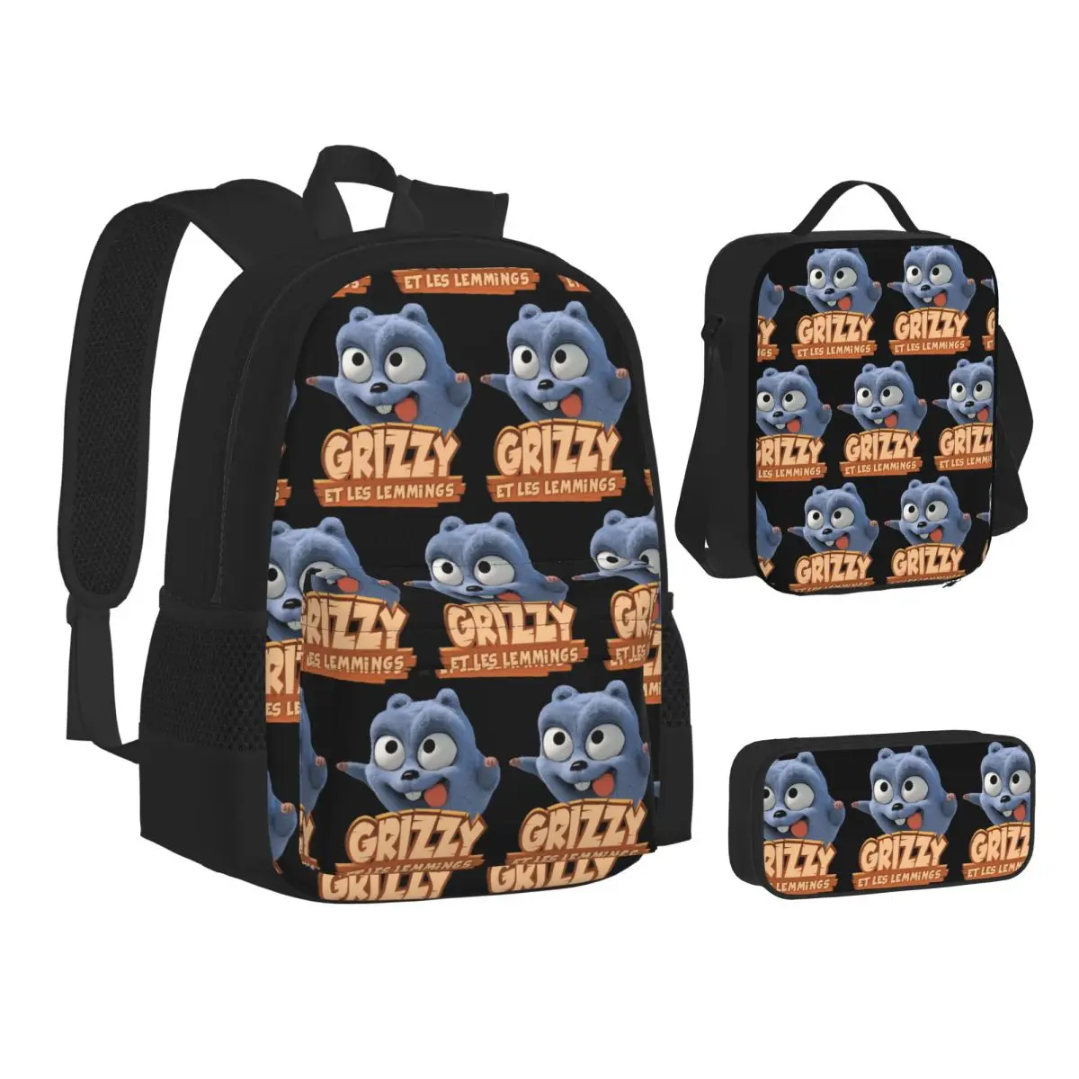 Cartoon Lemmings Bear Square Backpacks Boys Girls Bookbag Students School Bags Kids Rucksack Lunch Bag Pen Bag Three-Piece Set