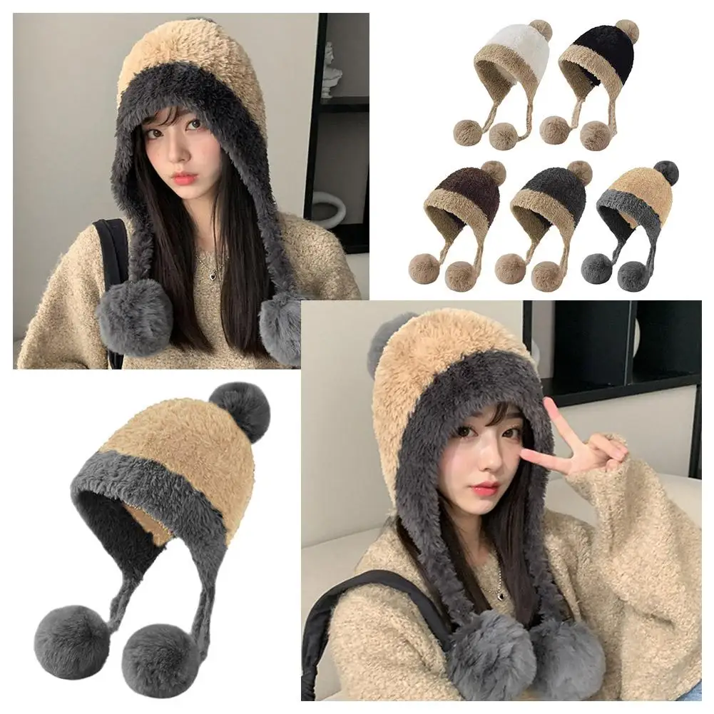

Autumn Winter Warm Knitted Hats Women Cute Cartoon Thicken Two Cap Earflap Balls Plush Antlers Hat Beanie Fluffy I6b9