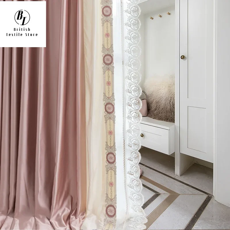 

French Light Luxury Retro Lace Pink Princess Wind Imitation Silk Stitching Curtains for Living Room Bedroom Custom Products