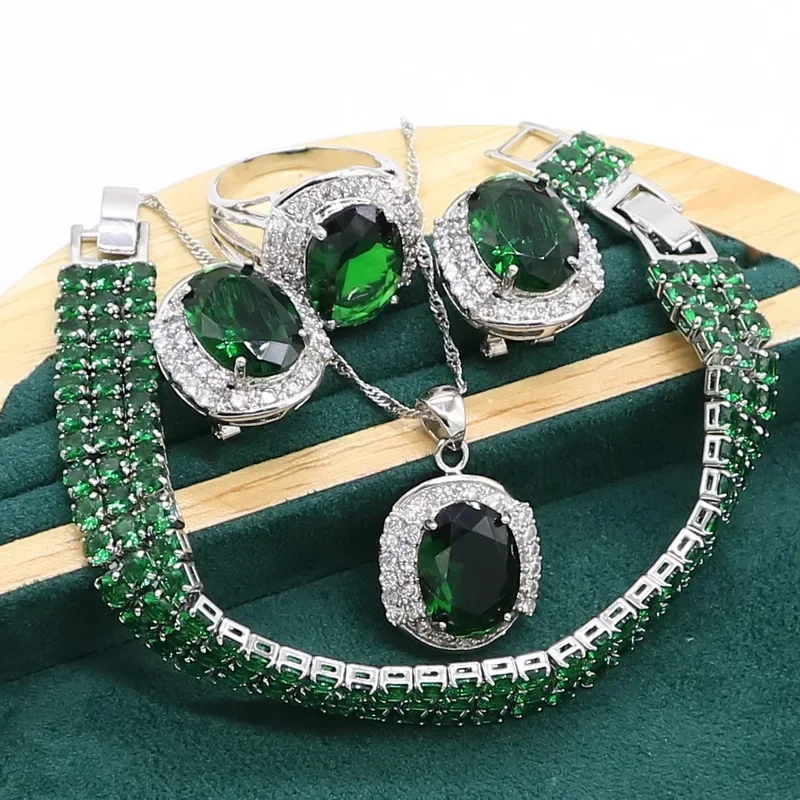 Green Emerald Silver Color Jewelry set for Women Wedding Party Bracelet Hoop Earrings Necklace pendant Ring Birthday Gift