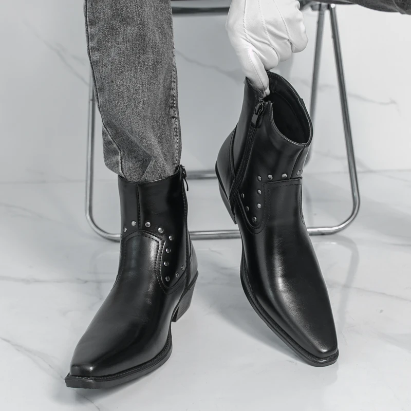 

Men High Top Boots with Rivet Decoration Pointed Comfortable Trendy Men Boots