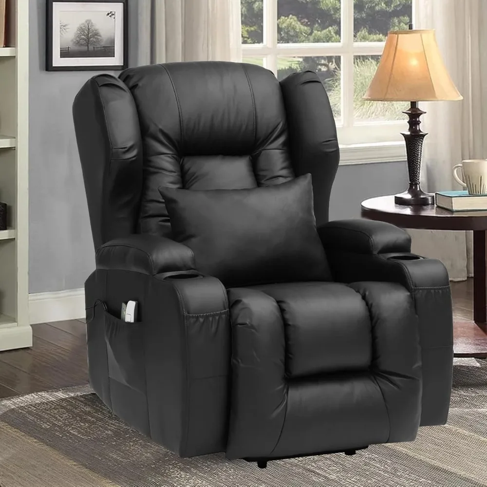 Power Recliner Chair, Massage and Heat, USB Port, Pockets & Lumbar Pillow, Leather Electric Reclining Ergonomic Sofa Lift Chair