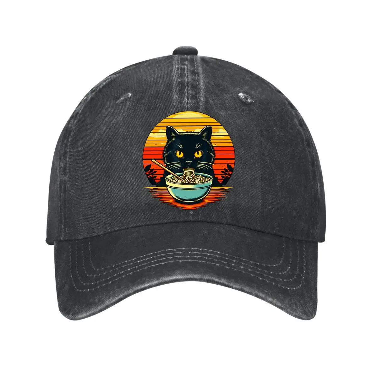 Black Cat Eating Ramen Japanese Sunset Noodles Illustration New Vintage Washed Cotton Baseball Cap Sun Hats