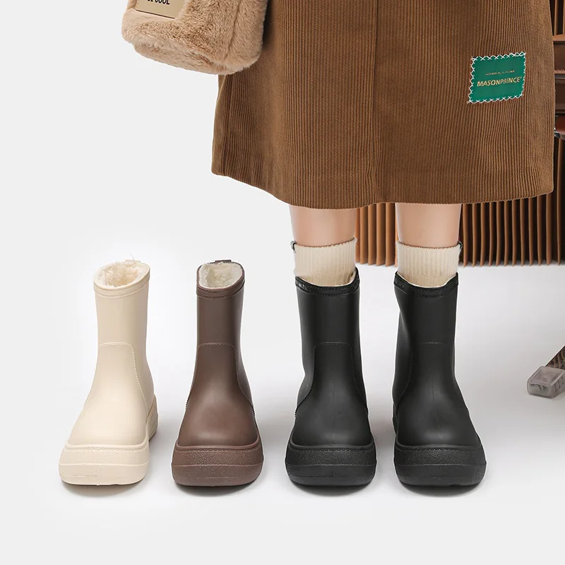 

Fashionable Women's Rain Boots Mid-Low Clog Waterproof Non-Slip Winter Fleece Lined Detachable Water Shoes Soft Bottom Rubber