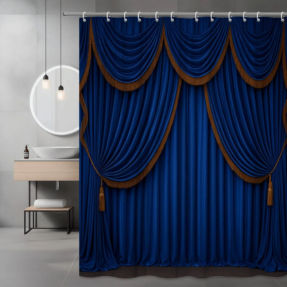 

Royal Blue Velvet Theater Curtain Shower Curtain Elegant Drapes with Gold Fringe Luxury Bathroom Decor Waterproof Elevate Space