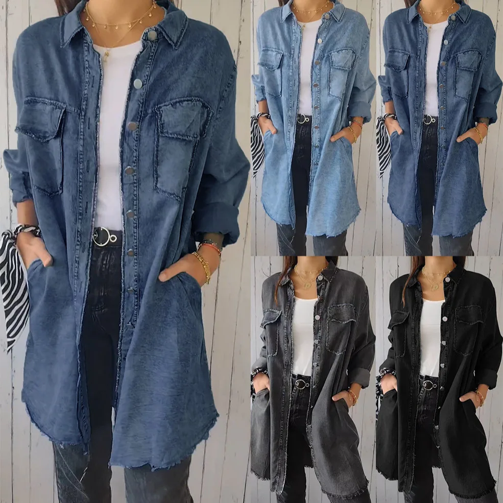 Women Denim Coat Turn Down Collar Slim Mid Blue Jeans Length Shirt Coats Elegant Splice Single Breasted Long Sleeve Jackets 2024