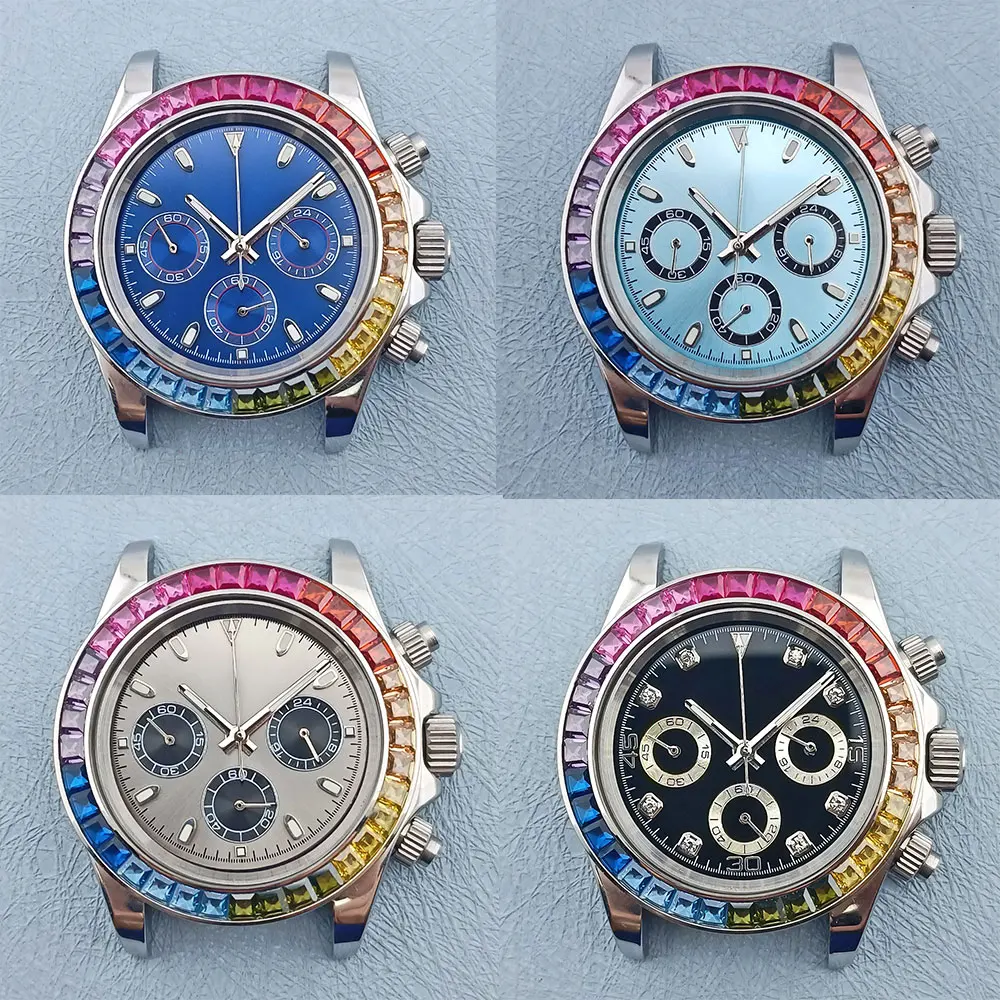 39.5mm Colored diamond bezel Chronograph man silver watch case fit VK63 movement luminous panda 6 Hands Watch dial custom logo