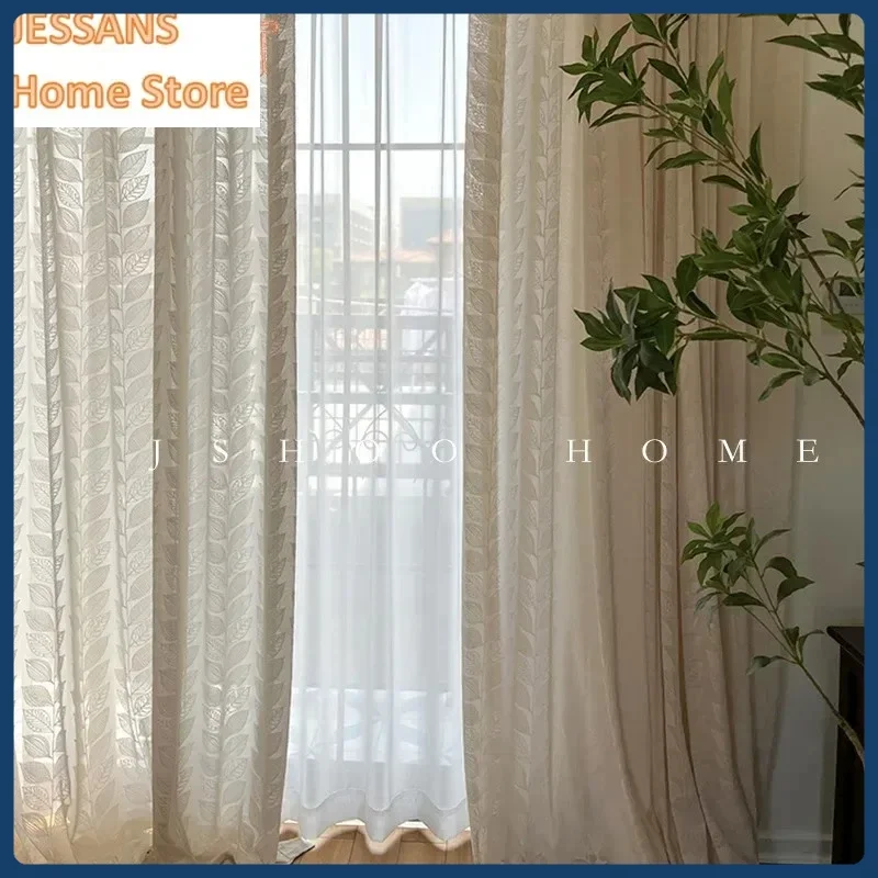 French Cream Style Leaf Three-dimensional Relief Living Room Window Screen New Light-transmitting and Opaque Tulle Curtain