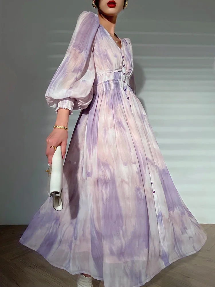 

Tie Dye Printing Elegant Dress Women 2022 Summer New V Neck Long Sleeve High Waist Loose Fashion Trend Dresses