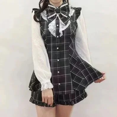 

Japanese Sc Mine Mass-Produced Lolita Girl Sweet Bow Lace Long Sleeve Shirt Dress Shorts Culottes 2 Piece Set Women Outfits