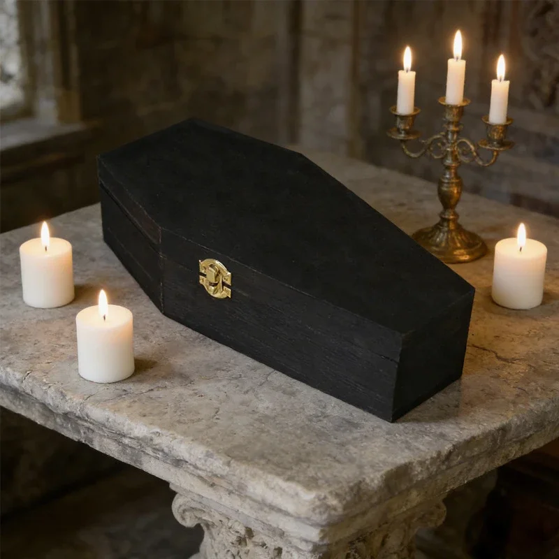 Pine Wood Pet urn Wooden Halloween Coffin Wooden Box Desktop Storage Box Multifunctional Gothic Decorative Box