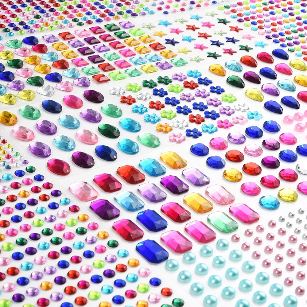 436-1770pcs Gem Stickers Self Adhesive Bling Rhinestones Stick on Jewel Multicolor Acrylic Glitter Heart Star Round Craft Supply