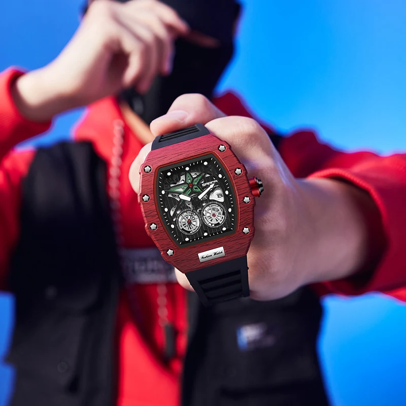 Relojes de cuarzo para hombre, correa de silicona con esqueleto, cronógrafo, reloj de pulsera analógico, manecillas luminosas, reloj deportivo militar resistente al agua