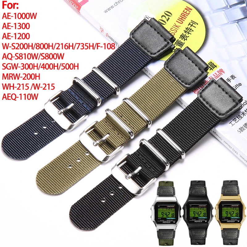 

18mm Nylon Watch Strap for Casio W800H F91W Black Green Bracelet F84 F105/108/A158/168 AE1200/1300 Watchband