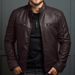 Autumn and Winter Business Gentleman Warm PU Leather Jacket Standing Collar Slim Zipper Pocket Decorative Leather Coat