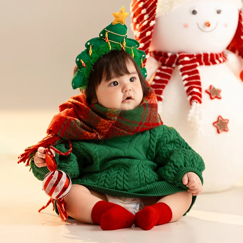 Christmas Gift Socks Baby Photography Props Green Girl Costume Christmas Tree Headdress Scarf 4pcs/Set Baby Photo Accessories