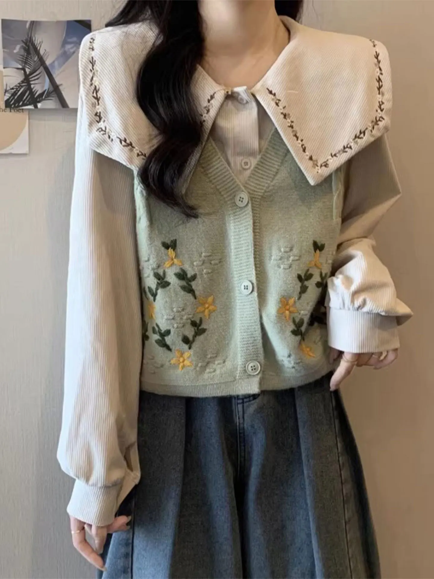 

Spring 2026 Faionable Knitted Vest irt Set Women's Large Size Doll Collar Casual Sle Mid-thin Top And Bot