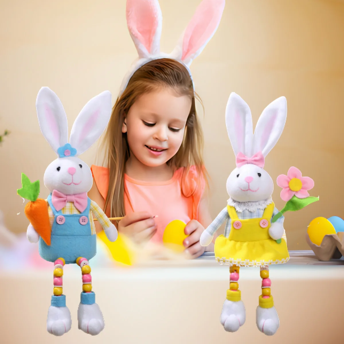 Set of 2 Easter Bunny Couple, Handmade Rabbit with Carrot/flower Figurine, Tabletop Statues, Cute Photo Props Gifts Home Decor