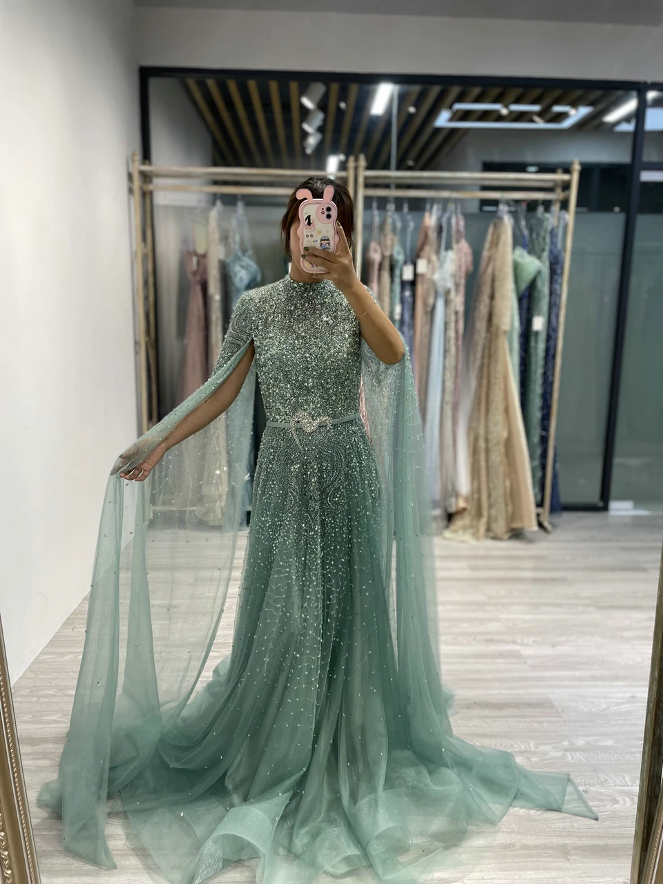 MYMB Luxury Cap Sleeve Dubai Wedding Party Dress High Neck A Line Long Sleeve Green Muslim Mother Evening Dress MY30024