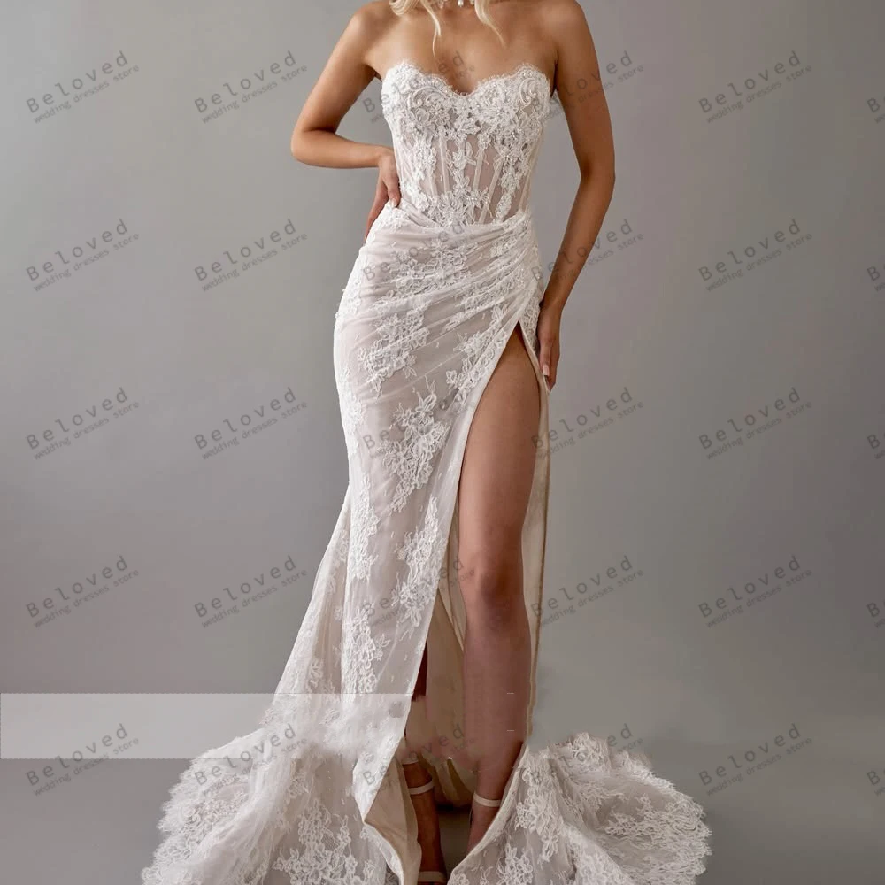 

Exquisite Wedding Dresses Gorgeous Bridal Gowns Lace Appliques Strapless Backless Robes Vestidos De Novia Glamorous Customized