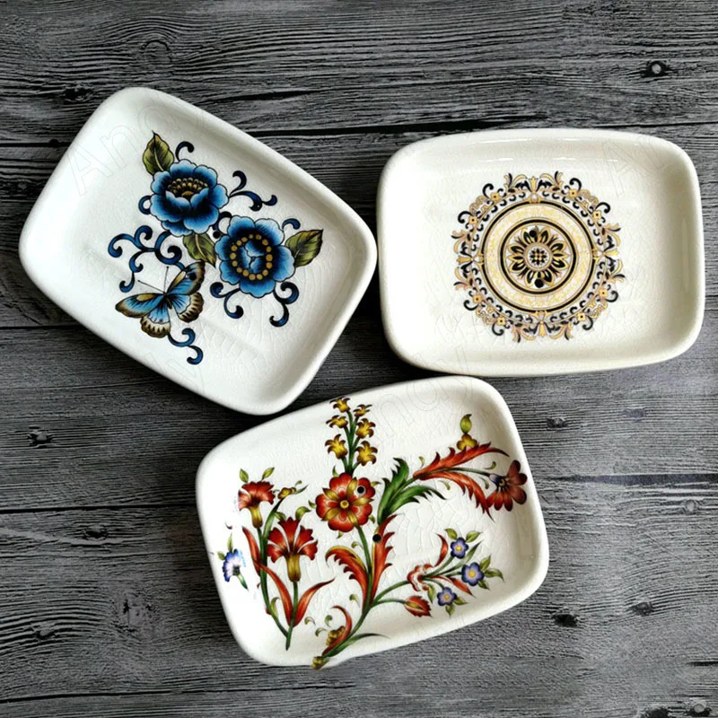 European Ceramic Soap Dish Overglaze Flowers Decor Hotel Desktop Soapbox Creative Ice Crack Bathroom Decoration Accessories