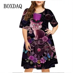 2023 Summer Vintage Clock Print Dress Women Funny Cat Short Sleeve Loose Dress Casual O-Neck Ladies Plus Size Dress 6XL Clothing