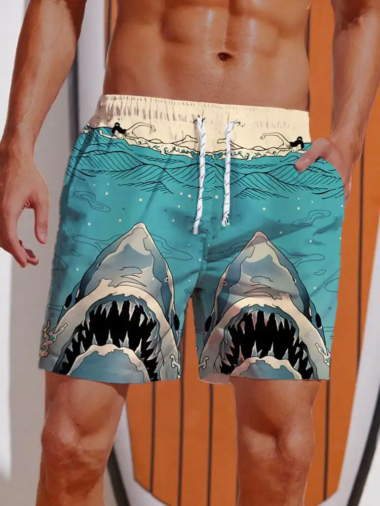 3D Printed Ukiyo-E Giant Fierce Shark And Cruise Ship Printing Shorts Men\'s Board Shorts Swim Trunks Drawstring Breathable Short