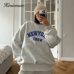 Hirsionsan Vintage Letter Print Women Sweatshirt Full Sleeve Hoodies for Lady Streetwear Autumn Mesh Pullovers Loose Clothes