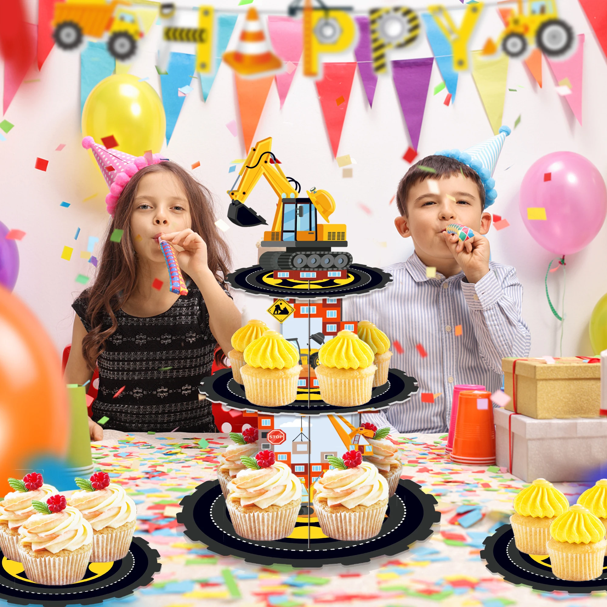 Cartoon Truck Construction Birthday Party Cake Display Stand and Cupcake Wrappers Cake Toppers DIY Baby Shower Party Decors