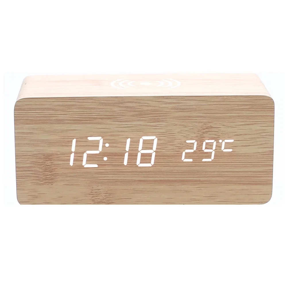 

Wooden Digital Alarm Clock with Wireless Charging, Smart LED Clock with Time, Date, Temperature Clock, Office and Home Use