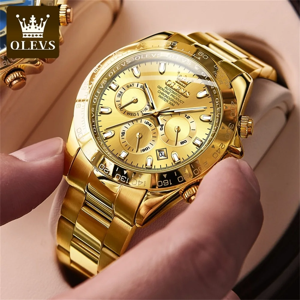 OLEVS Full Gold Automatic Wristwatch for Men Auto Date Waterproof High end Men\'s Watches