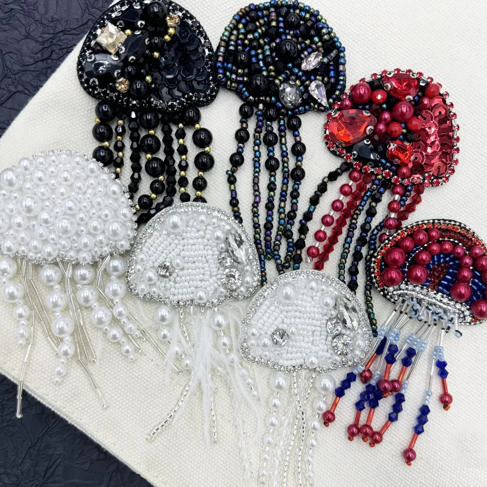 Heavy Handmade Bead Embroidery Jellyfish Nails Bead Cloth Stickers Brooches Marine Creatures Clothing  Bags Accessories Pins