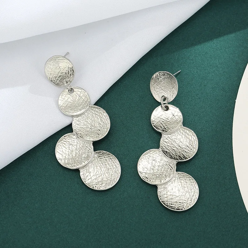 Retro Metal Long Statement Drop Earrings for Women Party Exaggerate Jewelry Brushed Metal Round Sequins Dangle Earrings Gift image 3