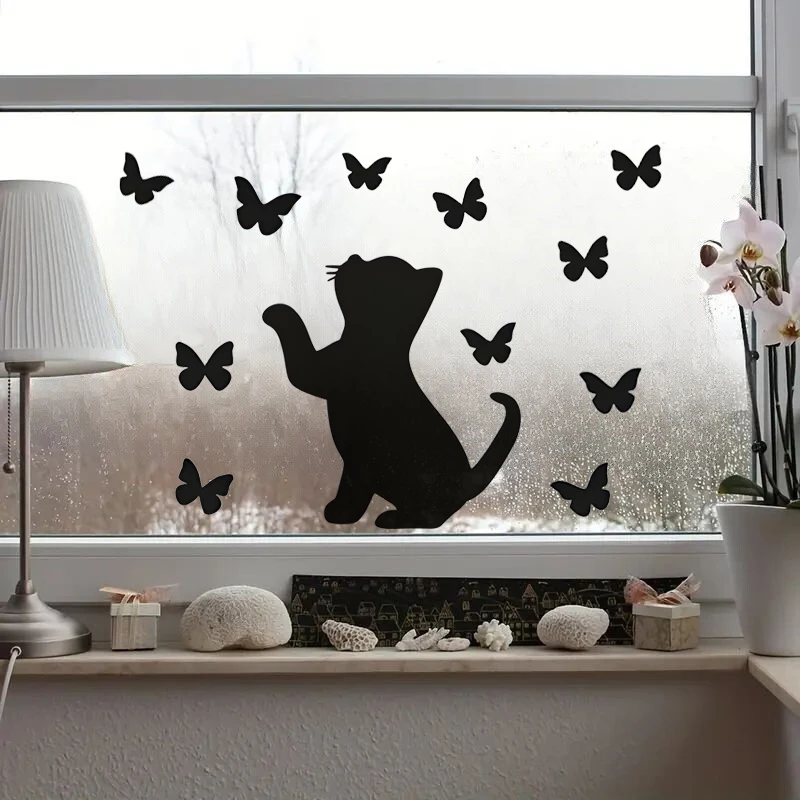 Funny Cat and Butterfly Sticker,  Waterproof Decal for Wall, Cabinet, Refrigrator, Window.