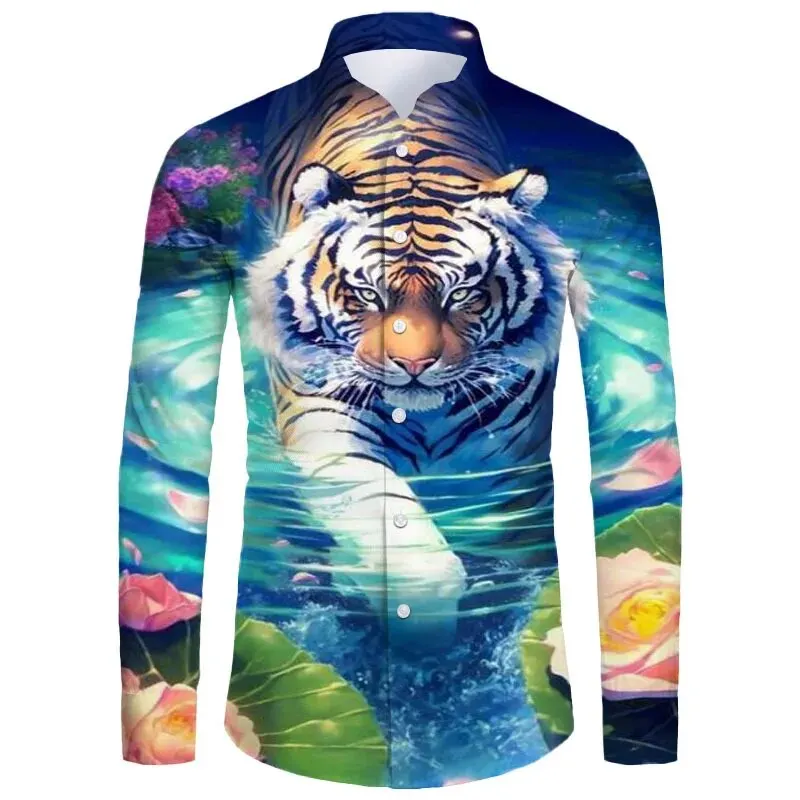 Hawaii Männer übergroße Casual Shirt 3D-Print Tiger Luxus Streetwear Kleidung für Langarm Revers Vintage Shirt Tops XS-6XL