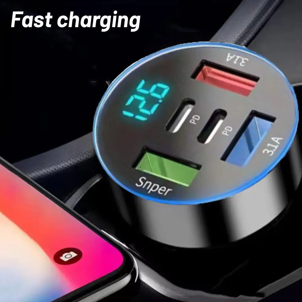 5 In 1 Car Phone Charger Adapter With Voltage Display Dual 2PD+3USB Port Super Fast Charge For IPhone OPPO