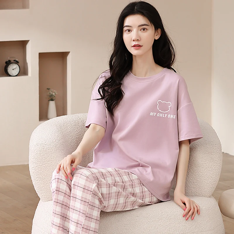 Newest 100% Cotton Women Pajamas Set Summer Short-sleeve Sleepwear Women\'s Simple Loose Home Wear Large Size 3XL