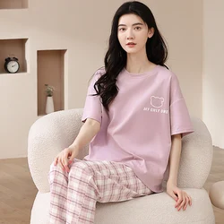 Newest 100% Cotton Women Pajamas Set Summer Short-sleeve Sleepwear Women's Simple Loose Home Wear Large Size 3XL