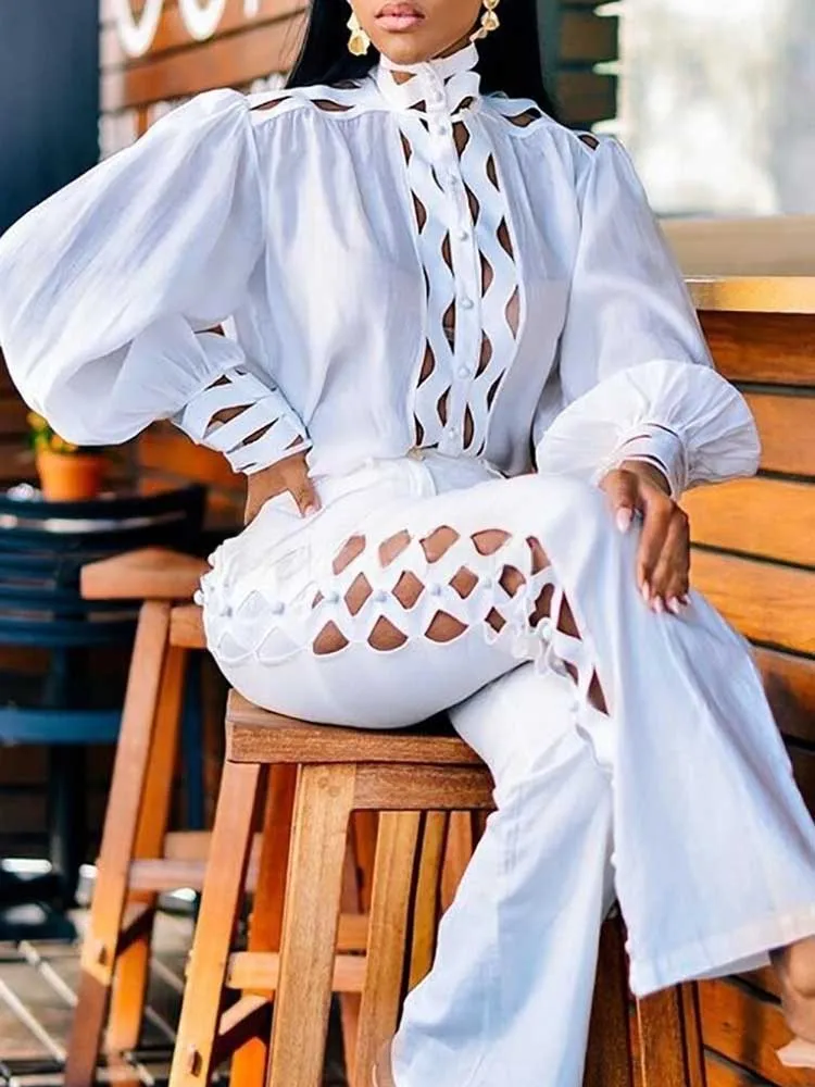 

Женская одежда Элегантные комплекты Белая винтажная блузка с длинным рукавом Выдалбливают комплекты из 2 предметов Женская одежда Повседневный комплект с широкими брюками