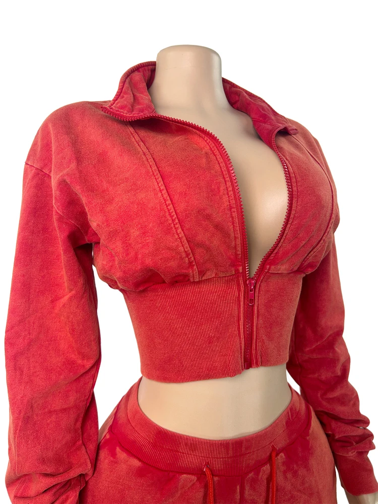 JENYAGE Damen 2-teiliges Vintage-Outfit, Stretch-Crop-Top mit Reißverschluss vorne, elastische Hose mit Kordelzug und weitem Bein, lässiges Loungewear-Set – Detail 12