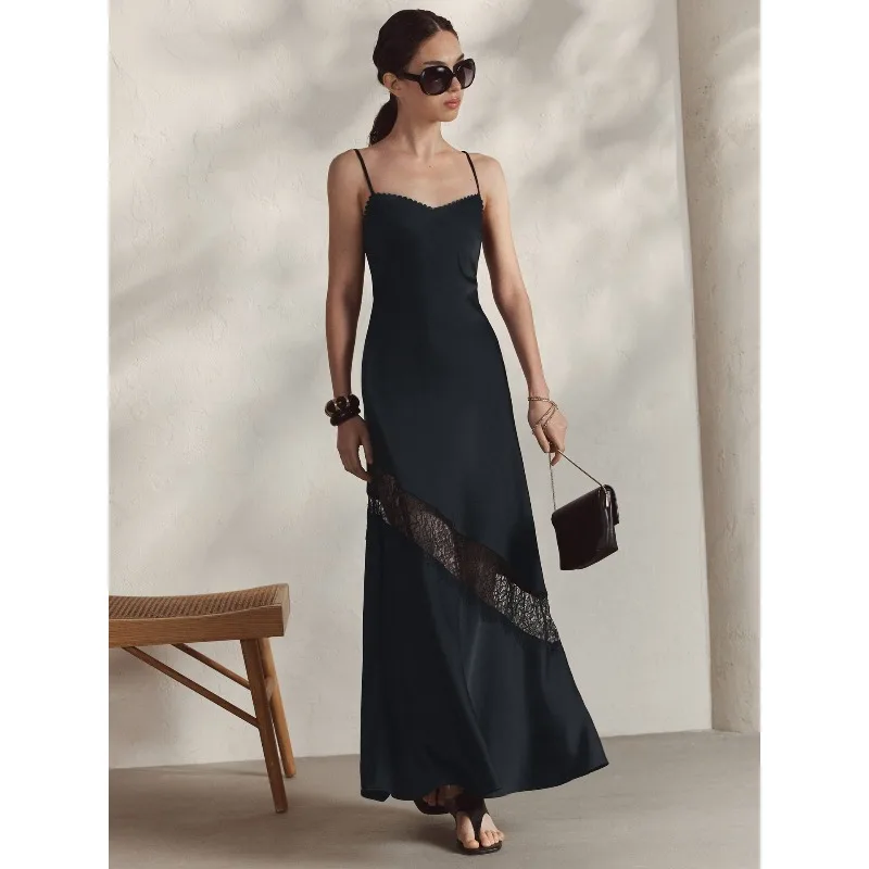 

Tsiisd Elegant Women's Satin Lace Maxi Dress Hollow-Out Spaghetti Strap Patchwork Glossy Party Evening Dinner Fashion Dresses