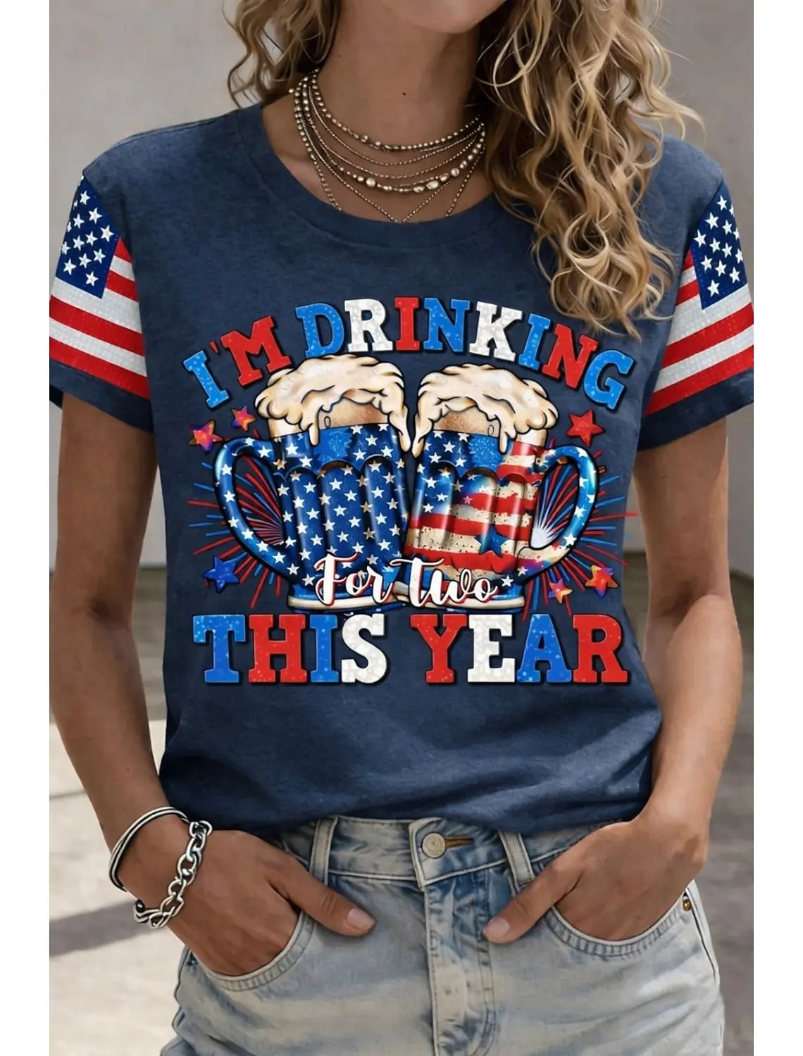 Women's Vintage Flag Letter Print Short Sleeve T-Shirt, Crew Neck Casual Daily Tops, Blue White Stylish Wear for Spring & Summer