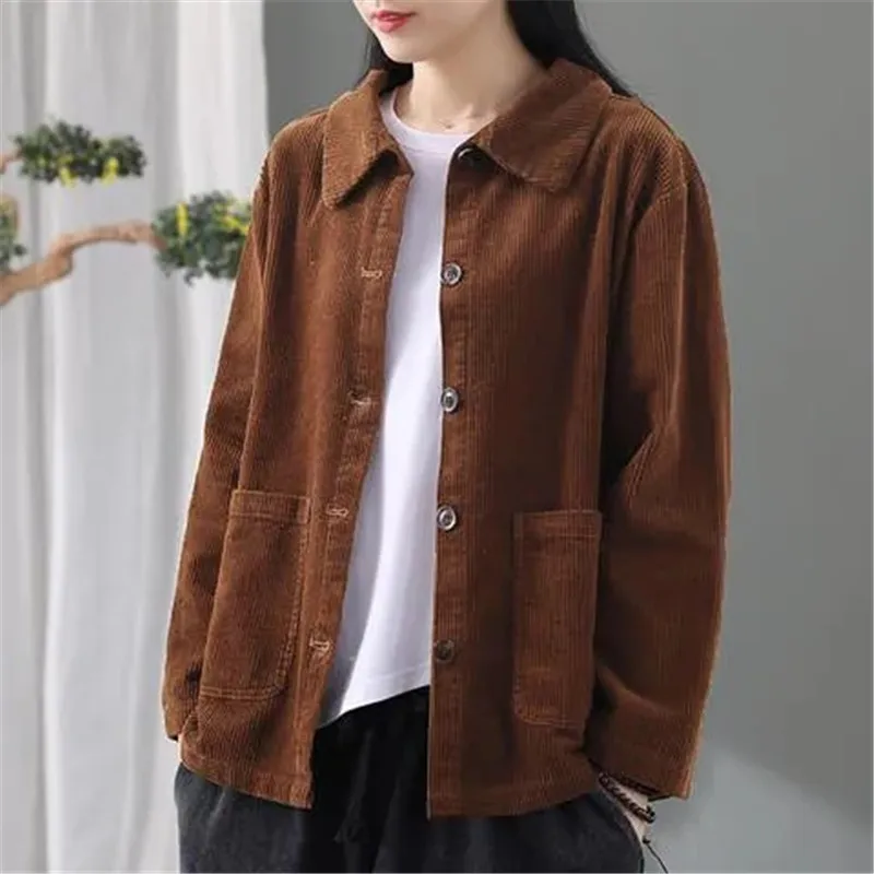 Cotton Corduroy Jacket Short Women\'s Tops Coat New 2022 Spring Autumn Loose Pocket Korean Version Casual Jacket Female Outerwear