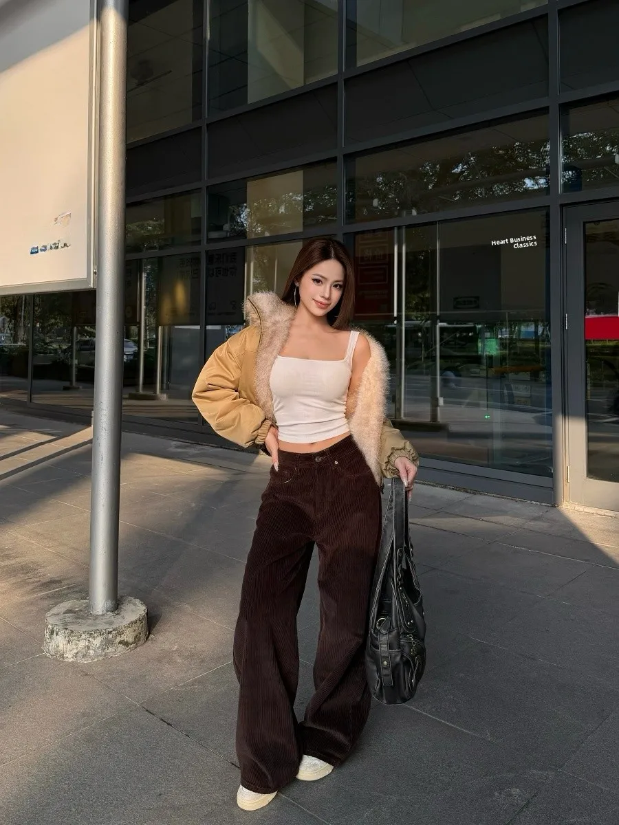 

Повседневные вельветовые брюки Caiii свободного кроя с широкими штанинами, универсальные, удобные, изогнутого кроя, из хлопка, приятные к коже, дышащие