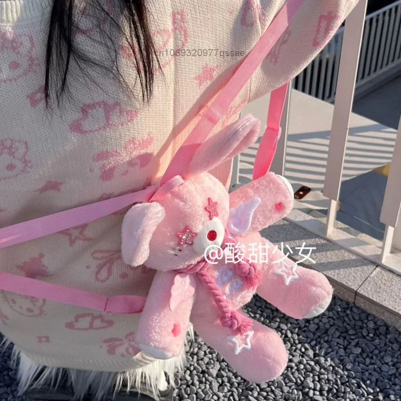 Y2k Homemade Cute Pink Fuzzy Bunny with Star Eyes for Girls Trendy Punk Style Plush Mini Backpack Embroided Sweet Hemp Rope Doll