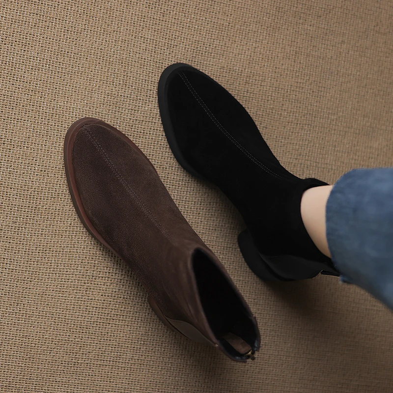 2026 new autumn winter women ankle boots natural leather plus size 22-26.5cm cow suede round toe thick heel side zip short boots