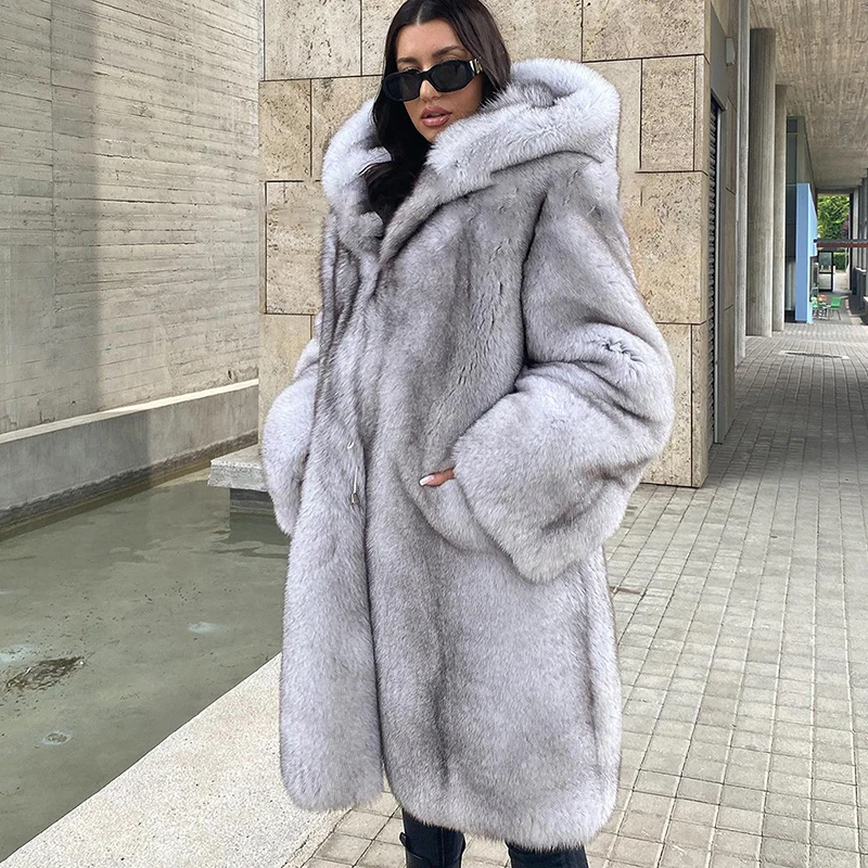 

Genuine Full Pelt Real Fox Fur Coats Women Winter Luxury Thick Outertwear Hooded Long Sleeve Genuine Grey Fox Fur Overcoat Lady