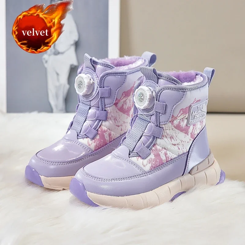 

New Purple Winter Snow Boots For Girls Boys Rotary Buckle High Top Children's Cotton Shoes Outdoor Warm Plush Kids Ankle Boots